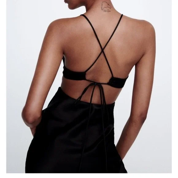 NWT. Zara Black Satin Effect Cut-Out Midi Dress - Picture 3 of 5